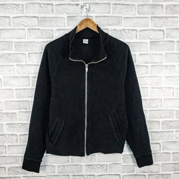 OAK NYC French terry full zip up Jacket Black Raw hem size Large - Picture 1 of 8